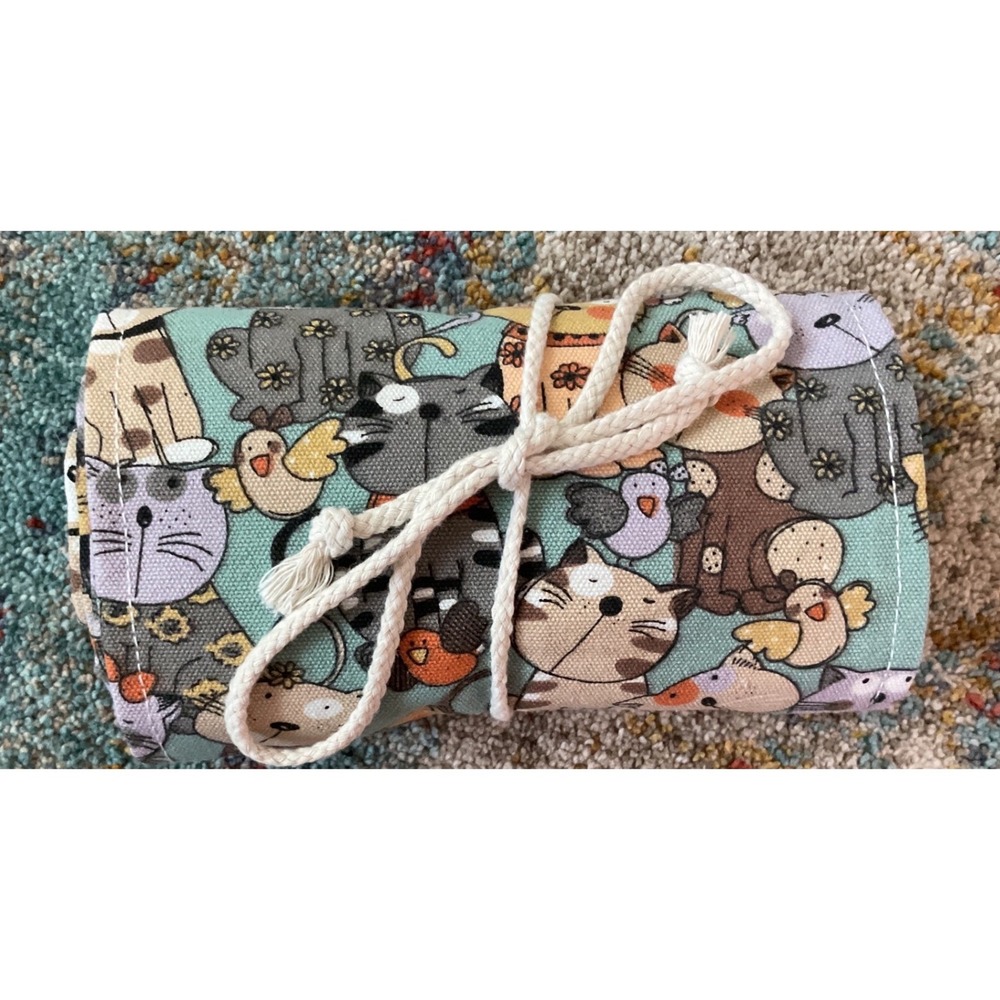Cat Print Canvas Roll Up Pencil Case‎ Crochet Hook Organizer Teal 72 Slot Pouch - Picture 4 of 7